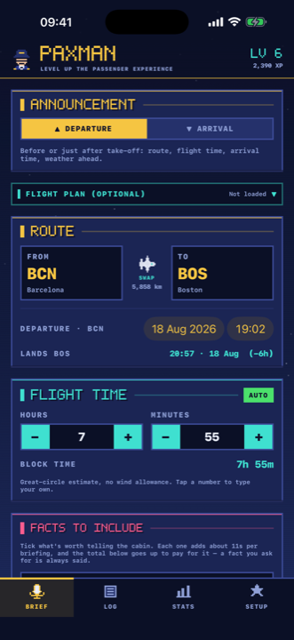 The briefing builder with route, timing and style options