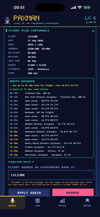 A filed flight plan decoded into a timeline of the crossing