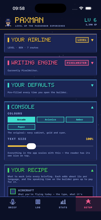 Setup: console colours, text size and the briefing recipe