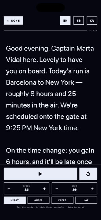 The full-screen reader scrolling a briefing hands-free