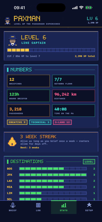 Stats screen with levels, weekly streak and badges