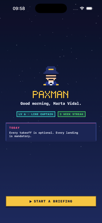 The PAxMan entry screen greeting the captain by name